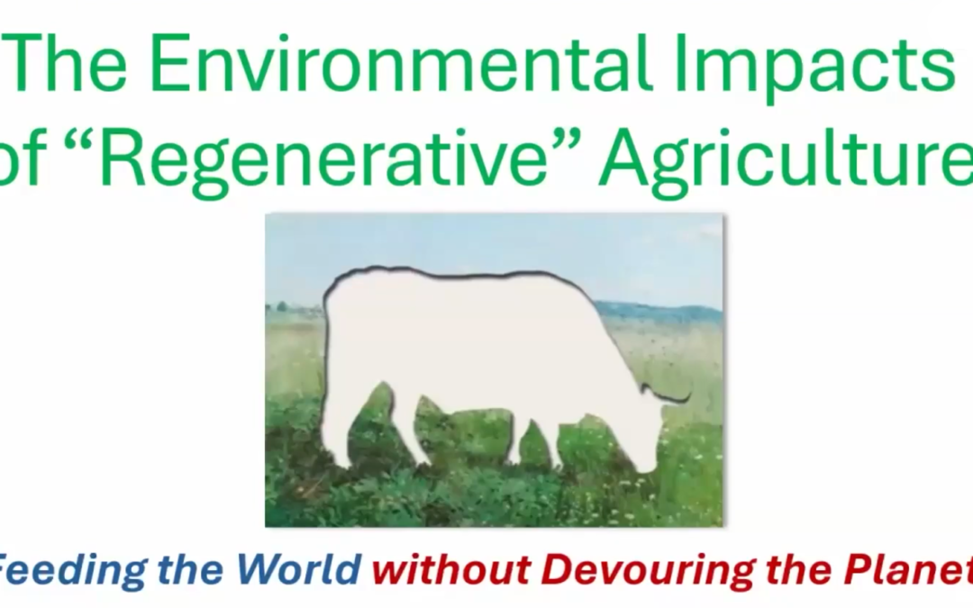 The Environmental Impacts of Regenerative Agriculture Feeding the World without Devouring the Planet printed on white background. Cutout of a grazing cow in center